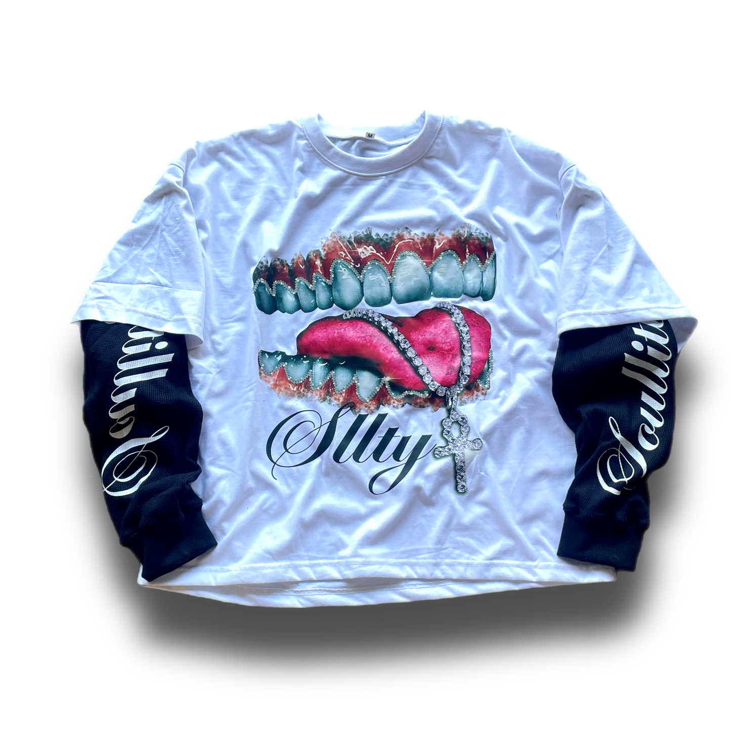 White “Gem Talks”-double sleeve cropped Tee