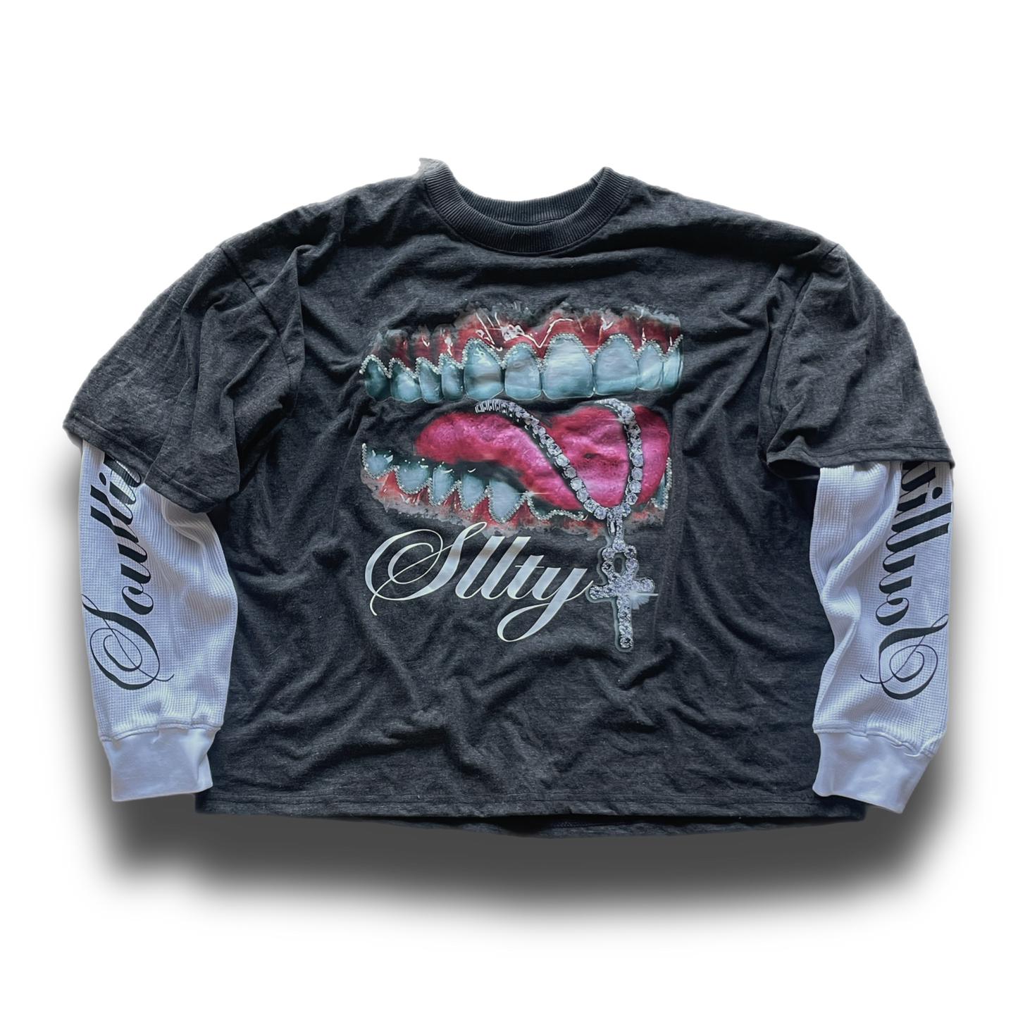Black “Gem Talks”-double sleeve cropped Tee