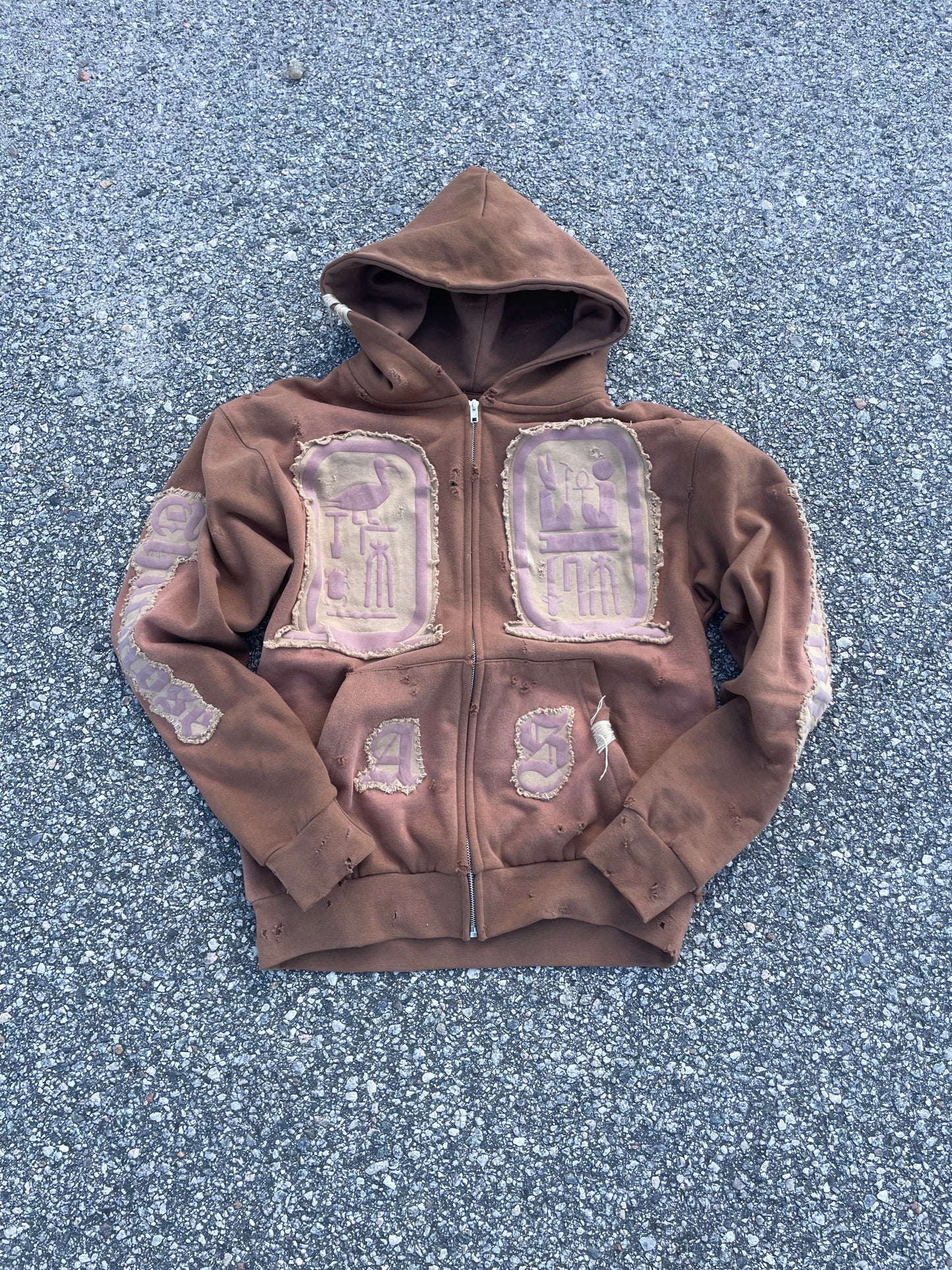 Brown “Ancient Souls”-distressed Zip up Hoodie