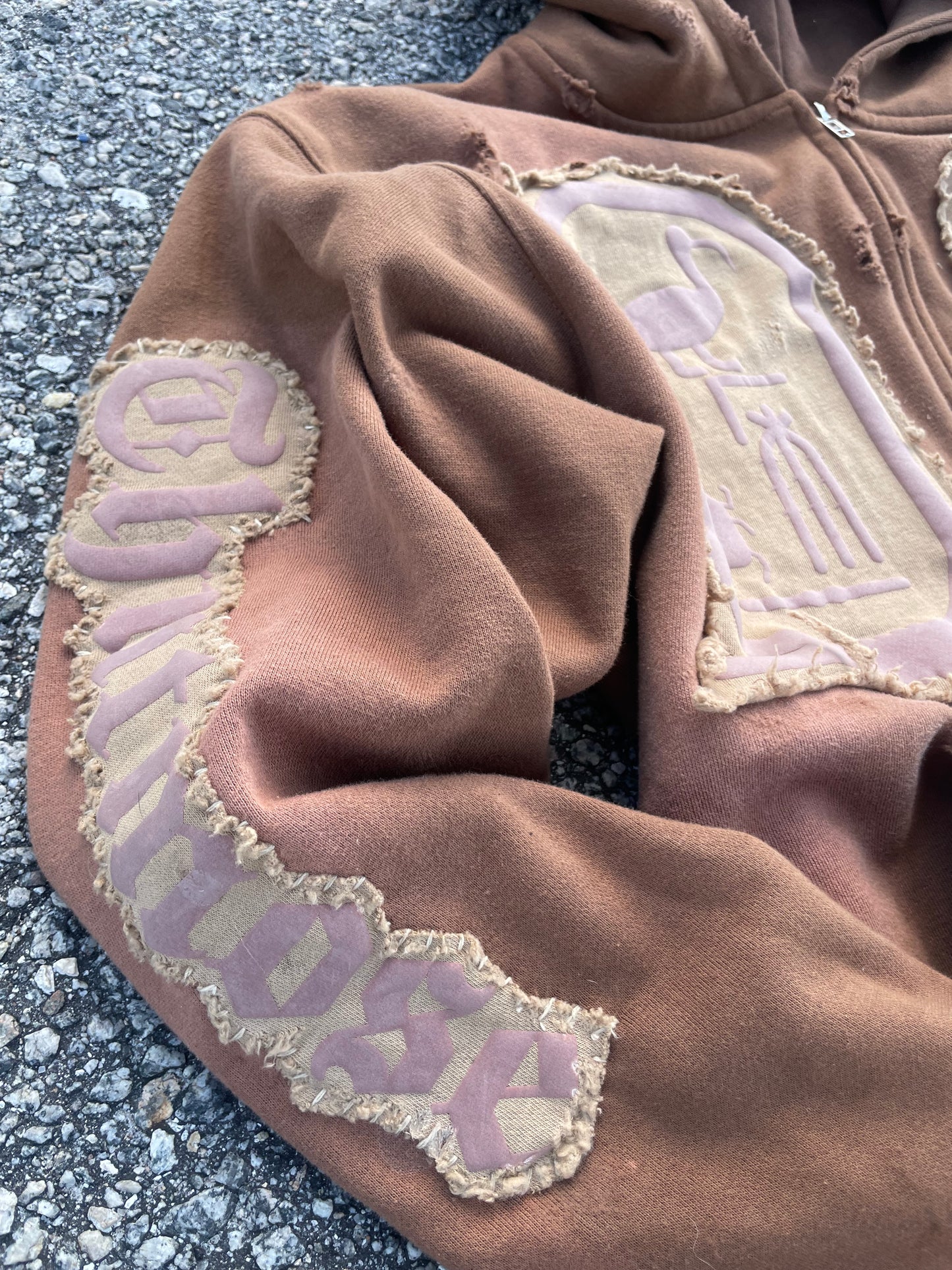 Brown “Ancient Souls”-distressed Zip up Hoodie