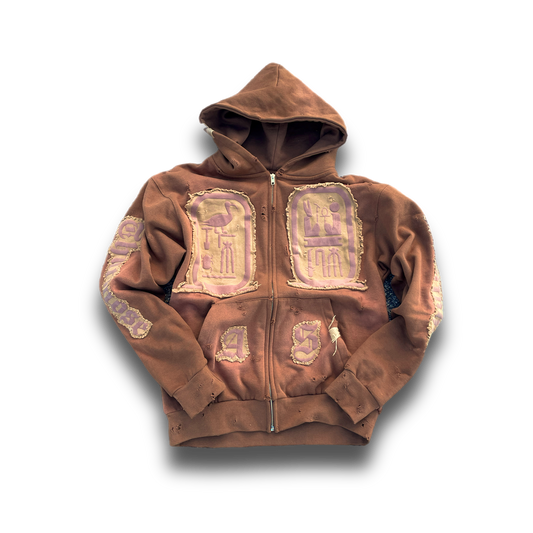 Brown “Ancient Souls”-distressed Zip up Hoodie